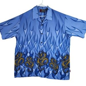 Pineapple‎ Connection Mens Blue Dragon Flame Short Sleeve Button Up Shirt XL
